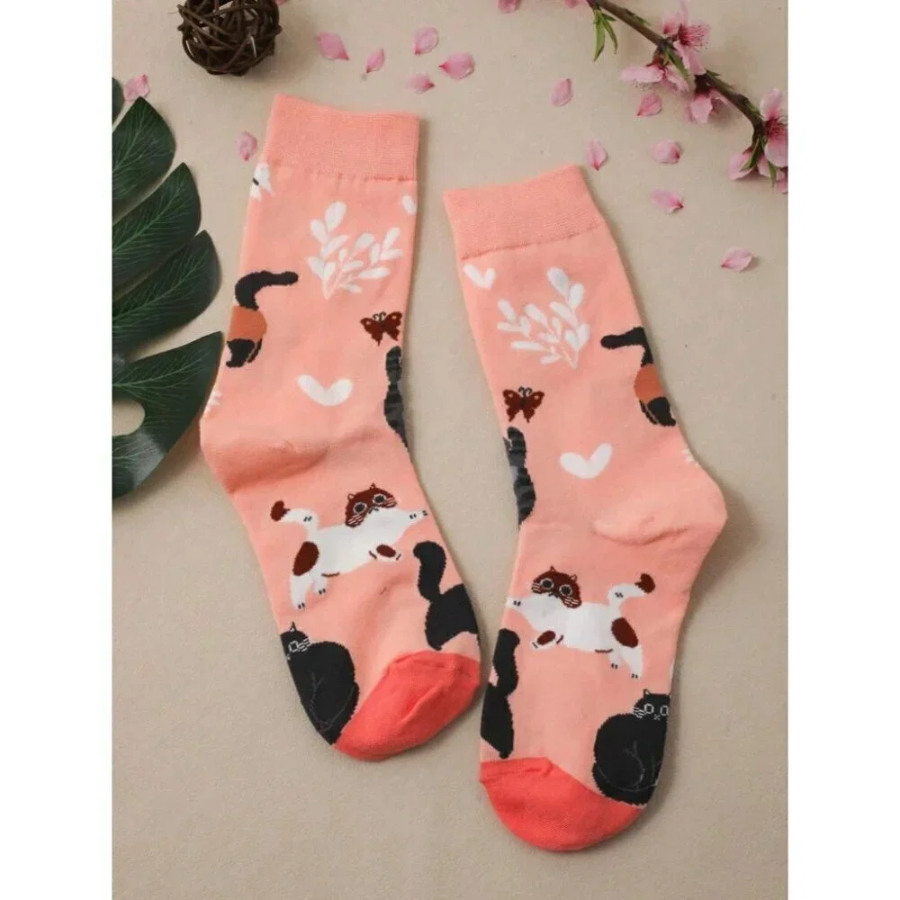 1pair Women Cartoon Cat Pattern Cute Crew Socks for Women